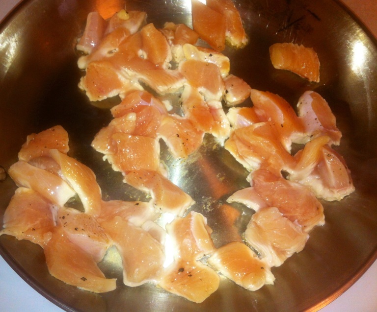 I generally cut the chicken into bite-size pieces first to make the cooking process faster. 